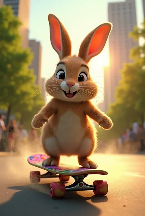 (Photorealism:1.2), a rabbit skateboarding
