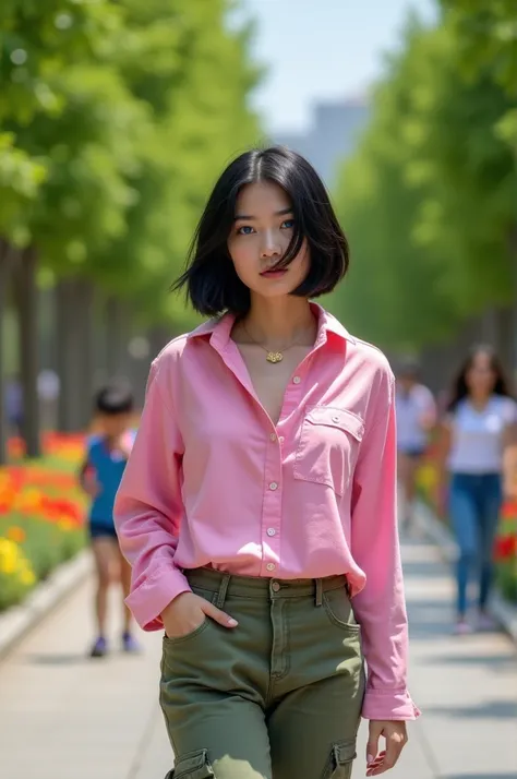 Short black straight hair, blue eyes, pink shirt, cargo pants 