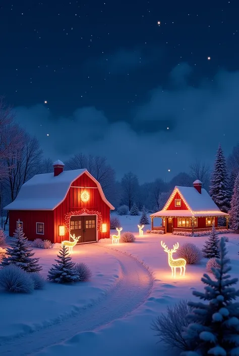 Farm with red barn, house next to the barn beautiful, at night decorated all with Christmas lights. pixar style.