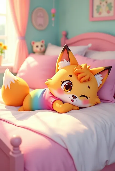 a cartoon 2d anthropomorphic fox girl kid wearing a pink, yellow, and blue gradient shirt relaxing on top of a bed. She’s bottomless.