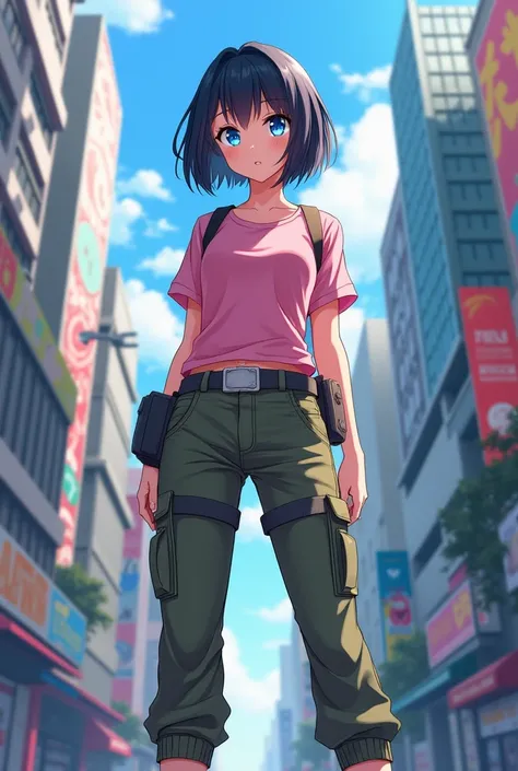 Female anime character with short, straight black hair, blue eyes, pink shirt, and cargo pants 