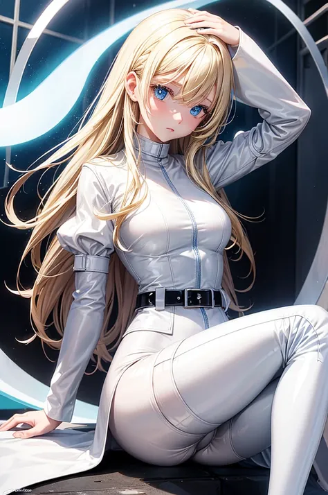 Make a girl that have blonde hair and blue eyes and wearing shiny latex white leggings and overknee white long boots.