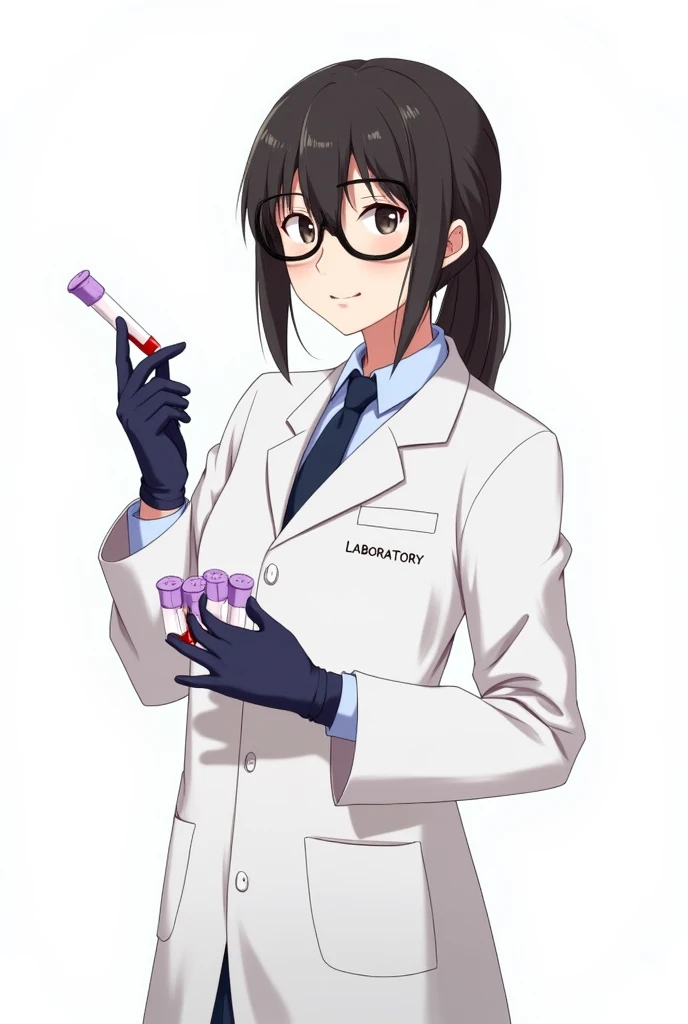 CREATE A DRAWING OF A ,WITH OVAL GLASSES AND FRINGE ,IN A WHITE COAT, WITH PURPLE TOP BLOOD TUBES IN ONE HAND AND A SMALL SYRINGE IN THE OTHER HAND.IN THE LAB COAT POCKET WRITE LABORATORY.no back ground.

