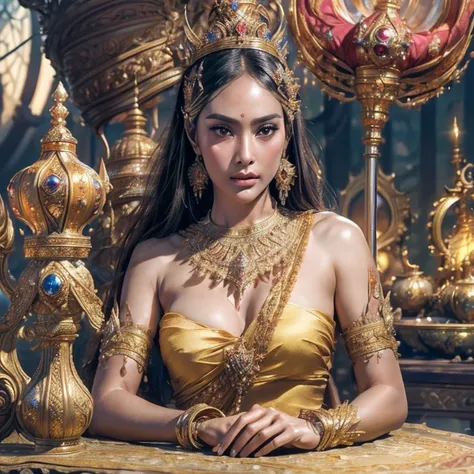 all men stare at a beautiful javanese princess in a skimpy dress, masterpiece, best quality, best quality, official art, beauty and aesthetics: 1.2), (masterpiece: 1.3), (8K, realistic, RAW photo, best quality: 1.4), beautiful tanned face, bare arms, sitti...