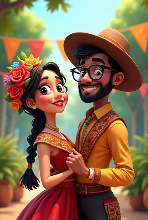 A couple in their typical Paraguayan dance costume. The man is dark skinned with beard, hat and black framed myopia glasses. The woman has braids and flowers in her hair, with round, clear-framed myopia glasses, animated 3D cartoon style.