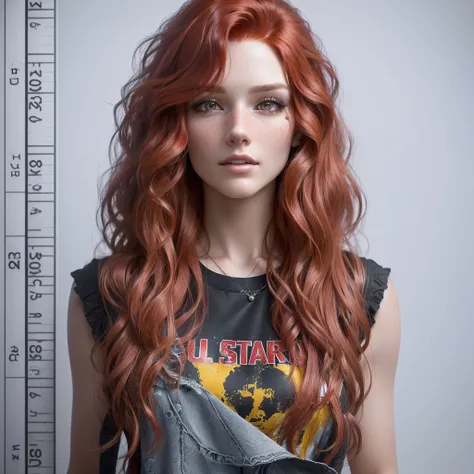 a close up of a woman with long red hair and a black shirt, red wavy hair, ultra realistic face, hyperrealistic teen, ultra realistic faces, highly detailed photorealistic, highly detailed character, long wavy red hair, hyper realistic style, rostos femini...