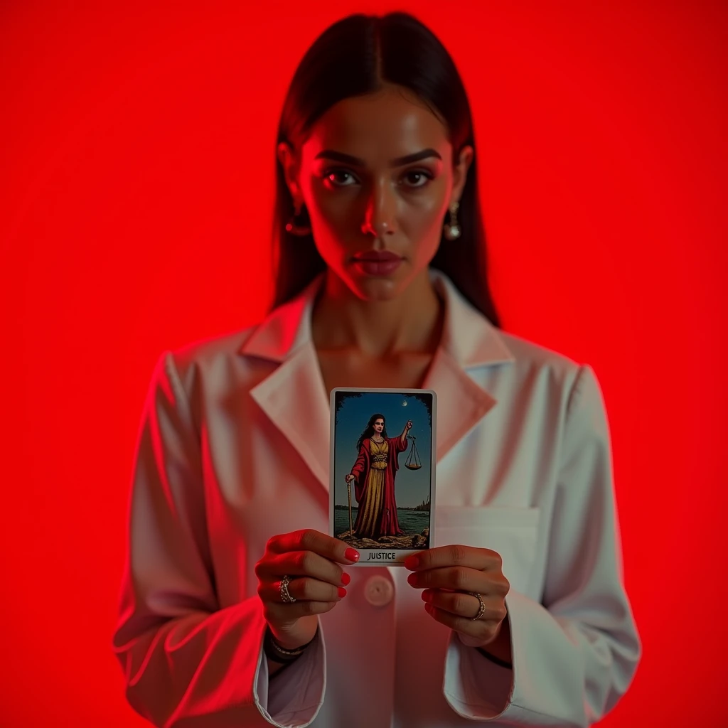 an image of a woman in a white coat standing in front of a red background, justice, (doctor), doctor, movie picture, rgp artwork, profile pic, movie promotional image, still from a terence malik film, poster cover art, from netflixs arcane, 1 9 8 2 horror ...