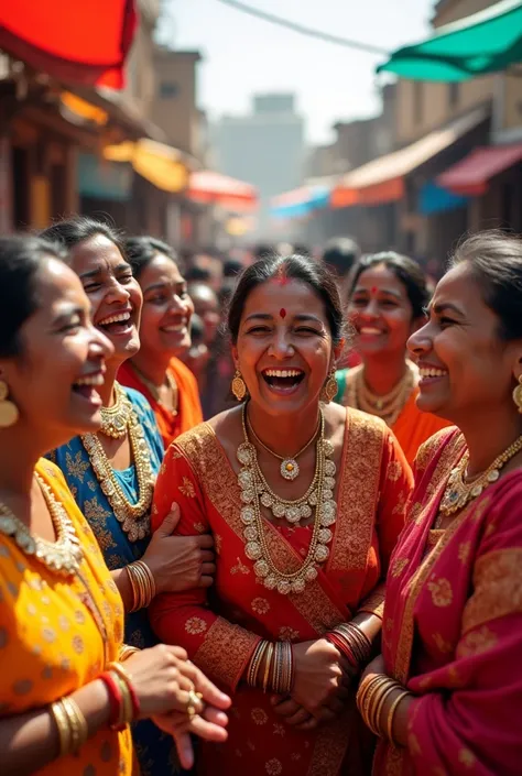 Image of women in ginne blouse with lots jewellery and coins very happy and cheerful 