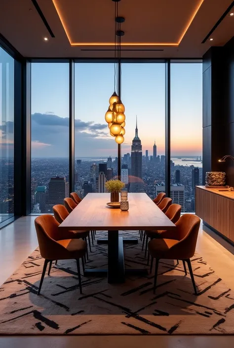 Create me a huge dining area in my penthouse in New York City with a cool view at the end, just outside, cool floor, Butcher and rug pair cool furniture so beautiful modern, It should definitely be kept simple and rich