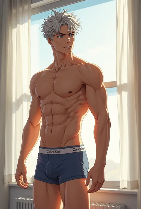 Gojo saturo in calvin klein boxers with his blinds and made him super hot