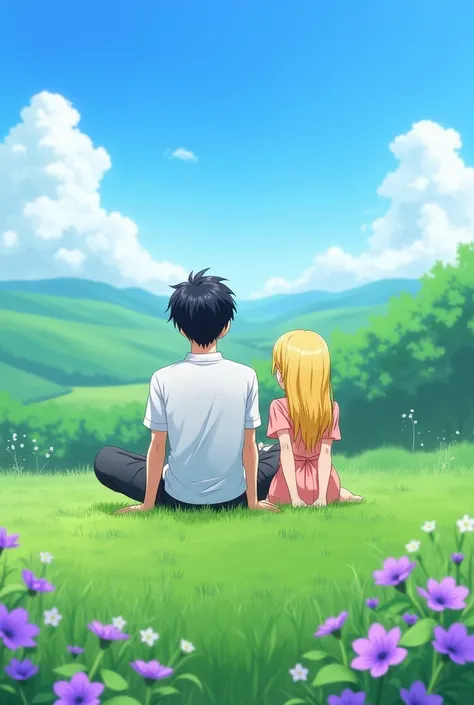 Create an image of a male anime character with black hair sitting on the grass, next to a blonde, Sitting with his back to the viewer and thoughtful, with purple flowers around and with a beautiful landscape around in 1080 x 1920 high definition