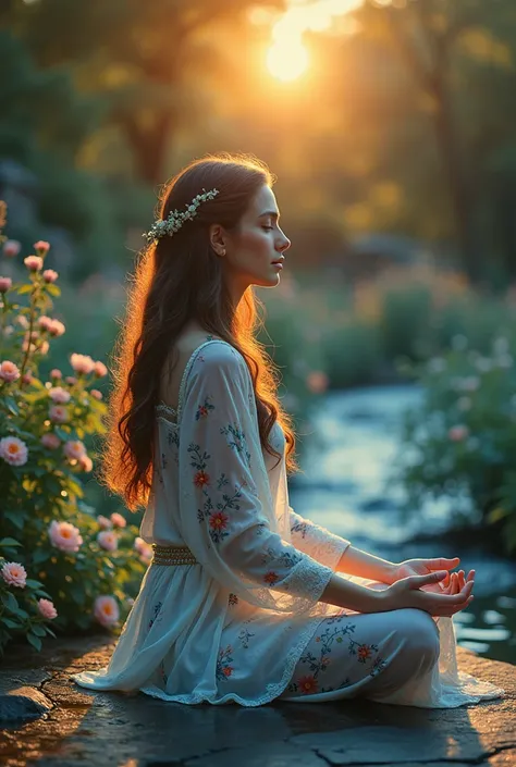 Woman sitting in lotus position with sound waves coming out of her mouth 