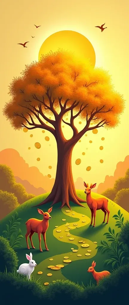 A vibrant vector art wall painting in landscape orientation. The scene features a 2D-shaped Kalpa Vriksha as the central focus, with the sun well above the tree, casting a warm glow. Small gold coins are gently falling from the tree, adding a mystical touc...