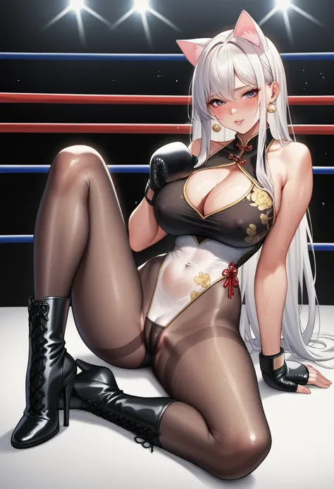 South Korean female boxer，18 years old,Pretty Face，Slim figure，detailed picture, Seductive expression， blush，White long hair, Wearing cheongsam，Soaked，Wear black pantyhose，Wear high-heeled boots, Wearing black boxing gloves，Black sleeves on arms, Sit in th...