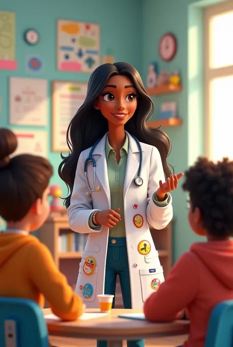 pixar woman, doctor, long black hair, Brown skin, in a white coat at a parent workshop. bottom  