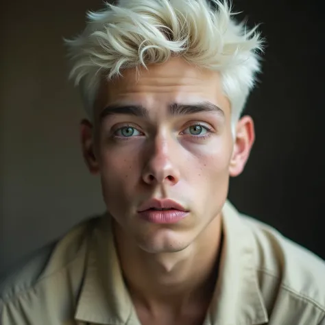 young man, white-blonde hair, gray eyes, distinctive facial features, serious look, beige clothing, small scar on the eyebrow