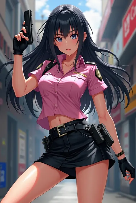 Dynamic composition,((masterpiece, Highest quality)), (Extremely rich facial detail,  Realistic white skin, Realistic body, Intricate details), Special Effects Heroine　Transformation bracelet on your wrist　Pink-themed uniform,Casual police style.　,Fighting...