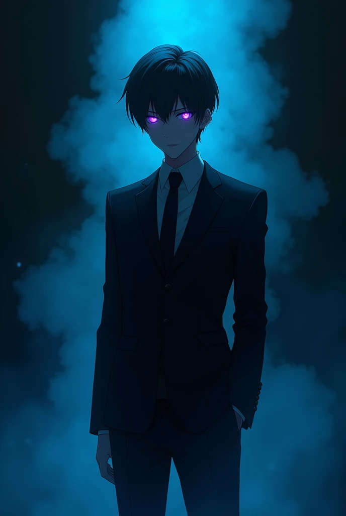 a tall and slender anime man wearing a suit, with short black hair in the manhwa style, dark purple neon eyes in a dark place with blue smoke