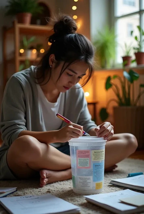 Person writing their personal information on a small cylindrical plastic stool collection container for analysis 