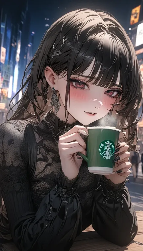 ((masterpiece, best quality)), very aesthetic, ultra detailed, intricate details, highly detailed, UHD, HDR, 8K, perfect face, 1girl, in city, at night, very tired goth woman, beautiful, drinking coffee, perfect body, (newest anime art style)