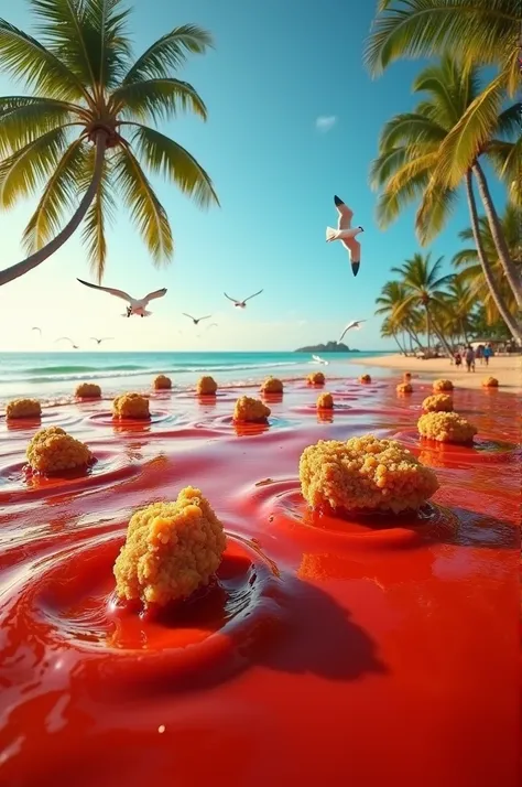 Indian Ocean filled with ketchup and chicken fried 