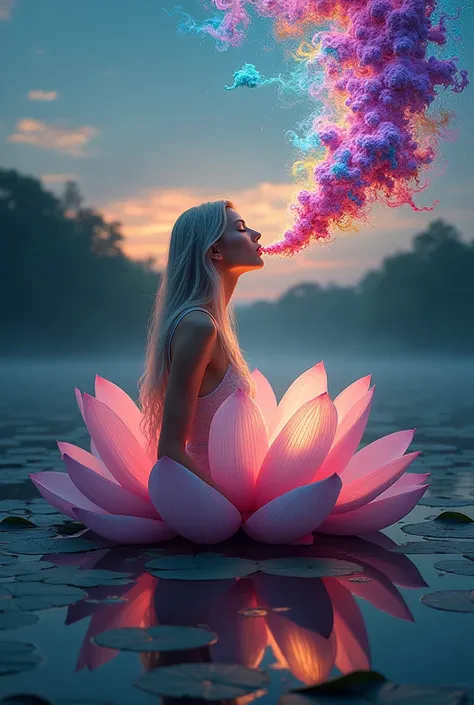 Woman sitting on a lotus flower with colorful fractals coming out of her mouth