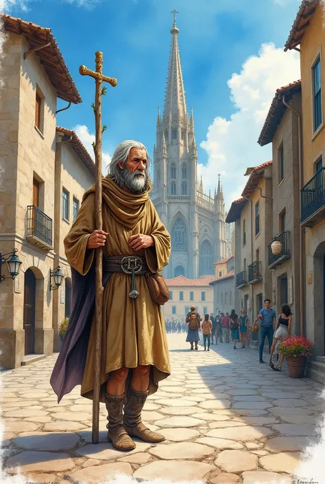 A watercolor painting of a pilgrim in the city of Santiago de Compostela