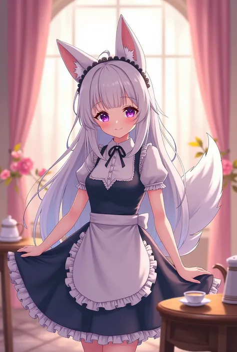 A girl with a white fox tail and ears, white hair and wearing a maid outfit. With violet eyes and height 1,82. Anime image style