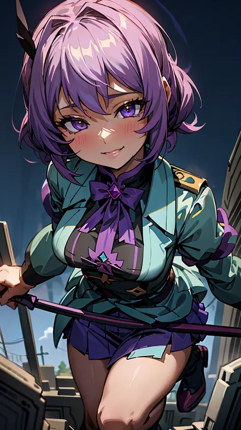 giantess ((shinoa hiiragi from seraph of the end)) playful and cunning (masterpiece best quality) mischievous grin, eyes gleamin...