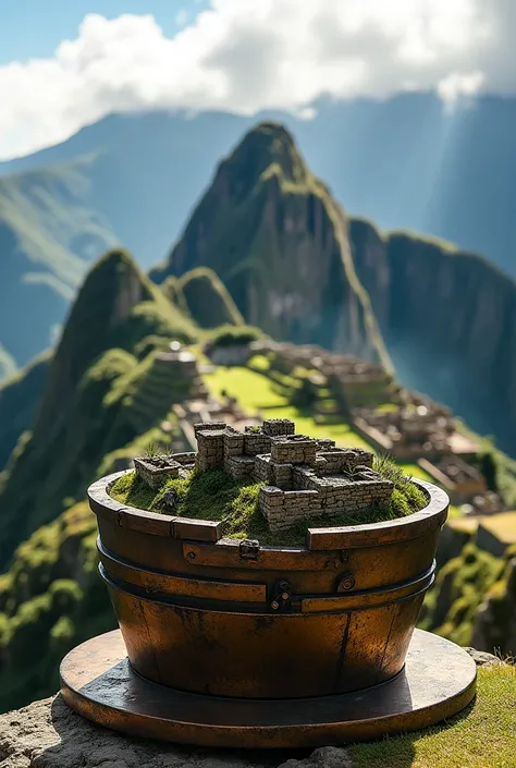 A piston where Machu Picchu is shown inside
