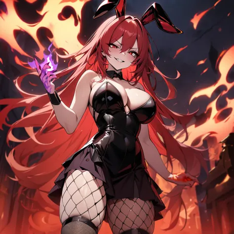 Top quality, masterpiece, high resolution, solo, bunny girl, red hair, red eyes, fishnet stockings, big breasts, flame background, evil smile, purple flame on hand, flame effect in the background, night, red full moon