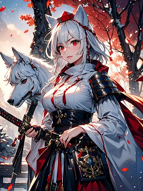 a detailed portrait of inubashiri_momiji_touhou, a girl with animal ears, wolf ears, short white hair, red eyes, wearing a tokin...