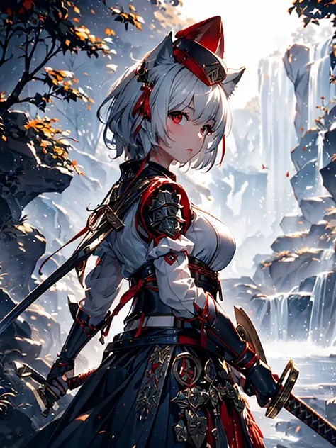 a detailed portrait of inubashiri_momiji_touhou, a girl with animal ears, wolf ears, short white hair, red eyes, wearing a tokin hat, with a wolf tail, blushing, with breasts, wearing medieval armor, Dark blue Scaly breast armor, dark blue skirt, bare legs...