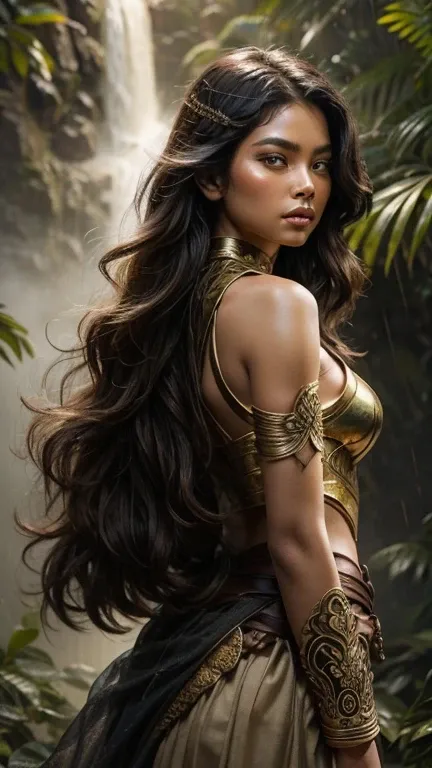 A cinematic photo of a beautiful javanese female warrior, with long, luscious black hair cascading down her back like a waterfall of night, golden eyes burning bright like embers, armed with a majestic kris sword and adorned in traditional armor with intri...