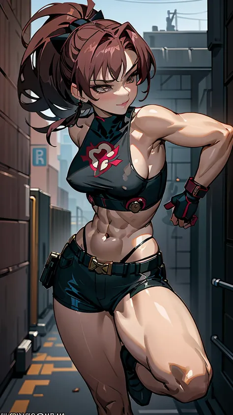 Giantess ((Revy from Black Lagoon)) fierce and reckless (masterpiece best quality) smirk of confidence, eyes sharp with aggression (real picture intricate details) (1 lady solo tall and athletic body) short brown hair, dark brown eyes (tight tank top and s...