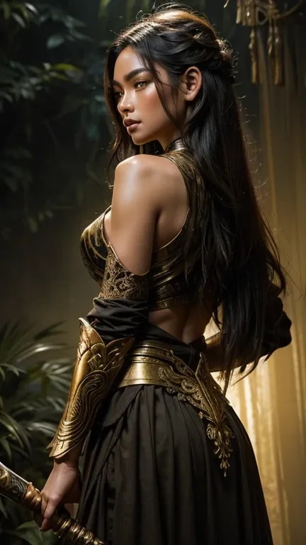 A cinematic photo of a beautiful javanese female warrior, with long, luscious black hair cascading down her back like a waterfall of night, golden eyes burning bright like embers, armed with a majestic kris sword and adorned in traditional armor with intri...