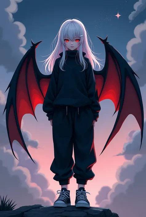 Kizuro is a young boy with a thin and slender body., 1,75 tall, Eyes red, pale skin. He wears a long-sleeved black shirt with a high neck, a black sweatshirt over a shirt, black sweatpants and black sneakers with dark gray soles. Kizuro has black bat wings...