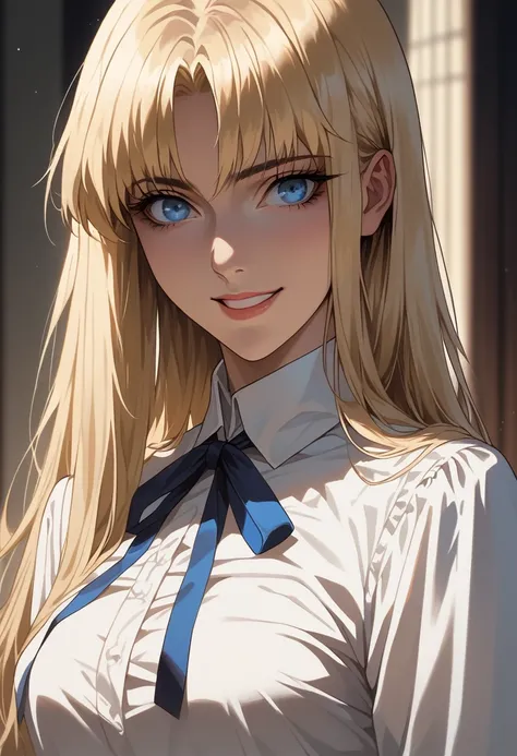 best quality, masterpiece, highres, 独奏, (sabias_fatestaynightufotable:1.10), 1girl, white shirt, style parody, neck ribbon, 8k, upper body, looking at viewer, アニメ_style, Blue eyes,gold hair,smile,Close to the camera angle、downtown,masterpiece