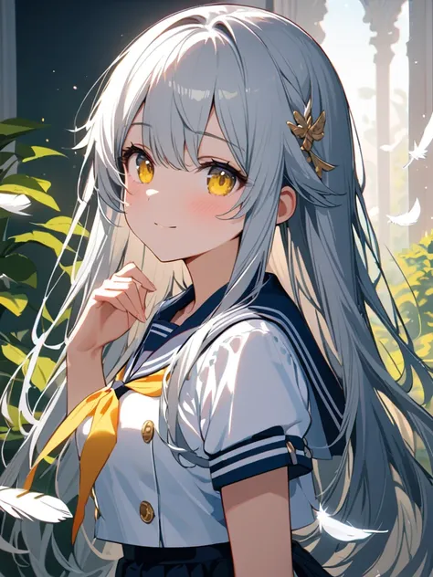 8K resolution, ((highest quality)), ((masterpiece)), ((Super detailed)), (And yet delicate and beautiful), and a girl, alone, gentle expression, She and(relax)and(Calm)outer,gray haired, written boundary depth, bright smile, bright yellow eyes, bright whit...