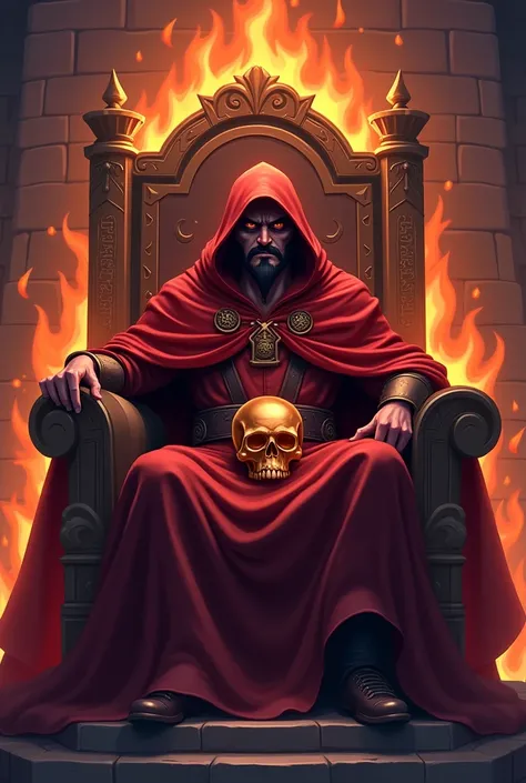 Draw the fire mage from clash royale sitting on a throne with a skull in his hand like in the drawing style of clash royale the game like with his hood and a black goatee