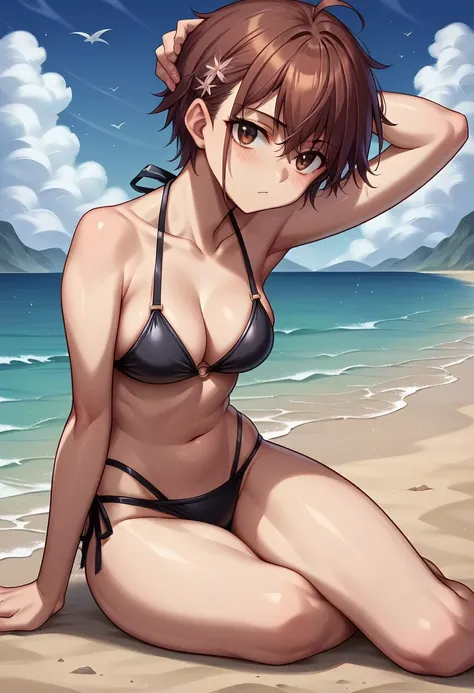 Mikoto Urabe, on the beach, sunny day, few clouds, black bikini