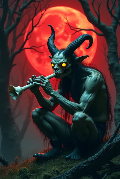 A macabre satyr playing a bone flute made from unicorn bone under the red moons light.