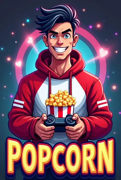 Create a mascot logo where the mascot is a gamer man with black hair and a red and white sweatshirt with a popcorn design and underneath it has the letters of "popcorn"