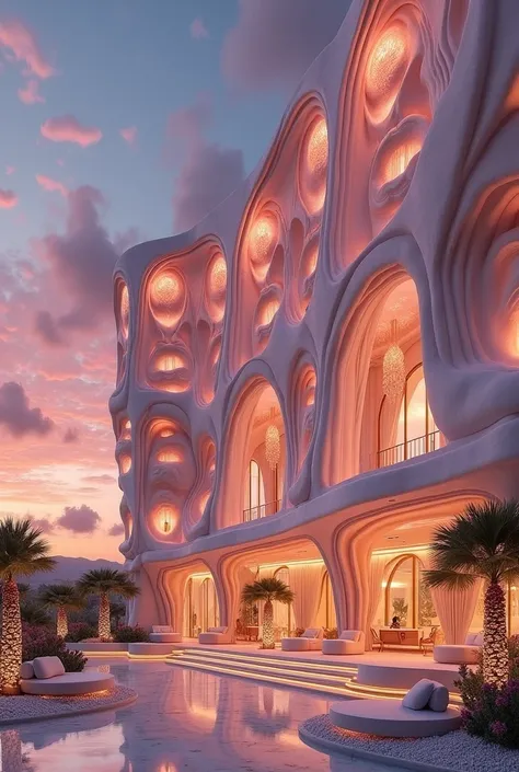 A luxry hotel with some pink cloud desighn