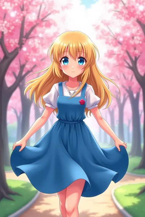 An anime-style teenager, blonde with blue eyes. Hair that reaches the shoulders and with bangs. wearing a blue dress.