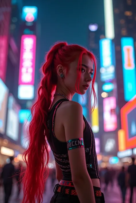 girl long red hair braid tank top, cyberpunk clothes
