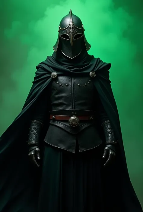 Ertugrul ghazi warrior full body in T-ose from front realastic with helmet that cover his whole face and black clothing and cape also no weapon in hand or anywhere else with constant green bg 