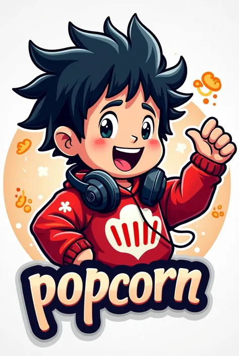 Create a mascot logo where the mascot is a gamer boy with black hair and a red and white sweatshirt with a popcorn design and underneath it have the letters of "popcorn"