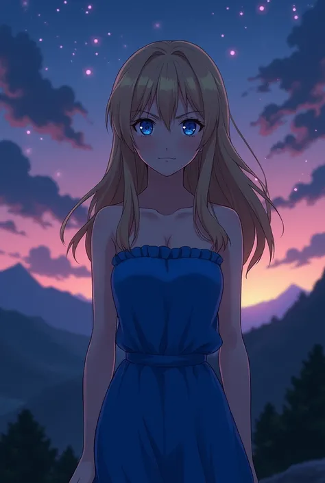 An anime-style teenager, blonde with blue eyes. Hair that reaches the shoulders and with bangs. wearing a blue dress. Make her look like a serious anime