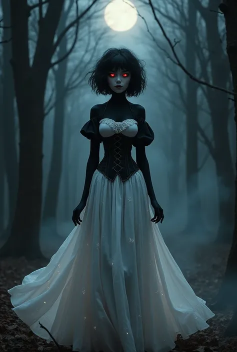 Black painted skin, with red eyes, short, fluffy black hair, long white dress with a black shirt and a corset